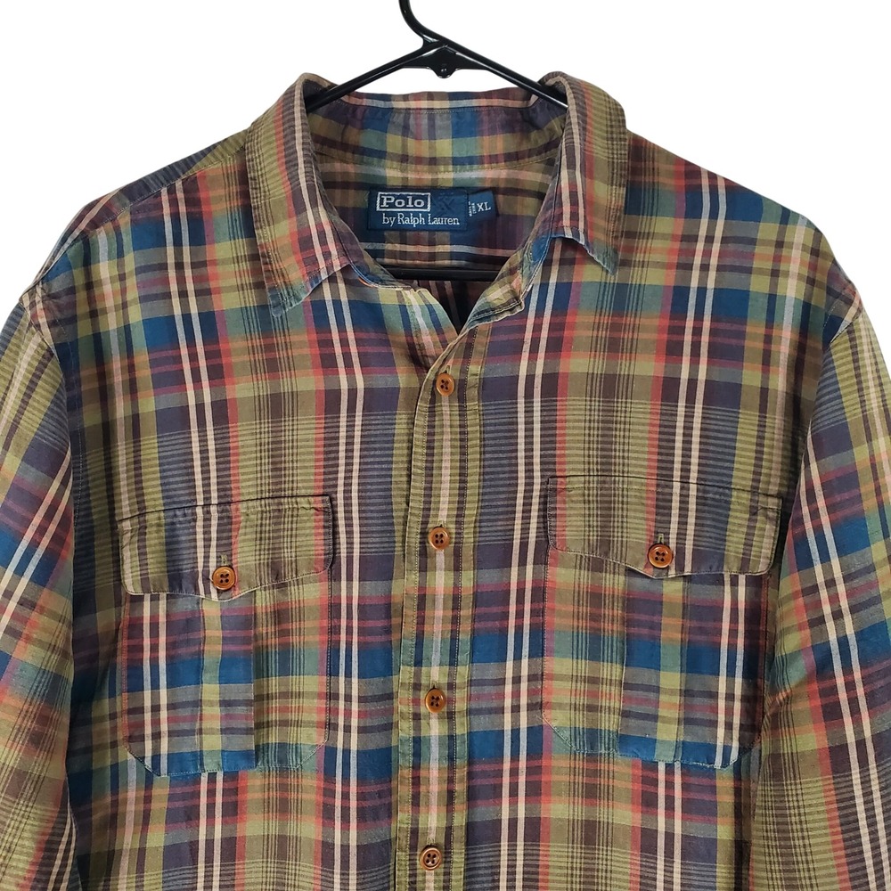 Polo Ralph Lauren Mens XL Plaid Linen Silk Button Down Shirt Roll Tab Green Blue
